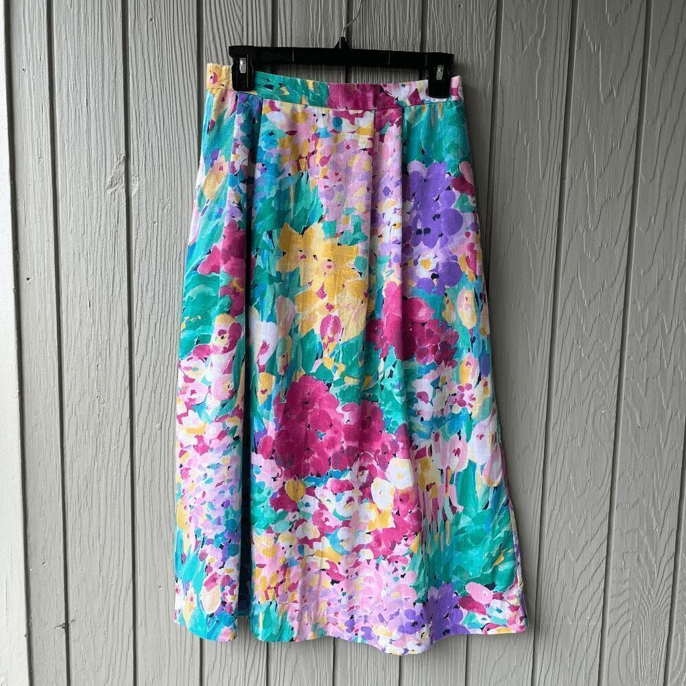 VTG Koret Floral Midi Skirt High Waist A Line Pockets Dopamine Color M